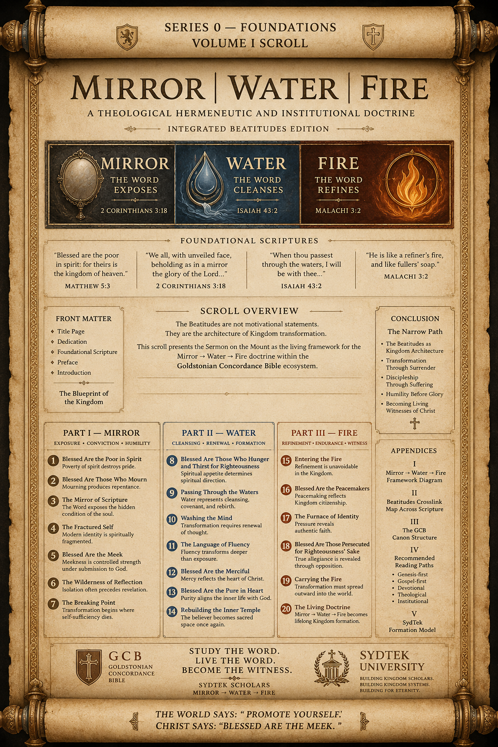 Mirror | Water | Fire — Volume I Scroll | Series 0 Foundations | Goldstonian Concordance Bible